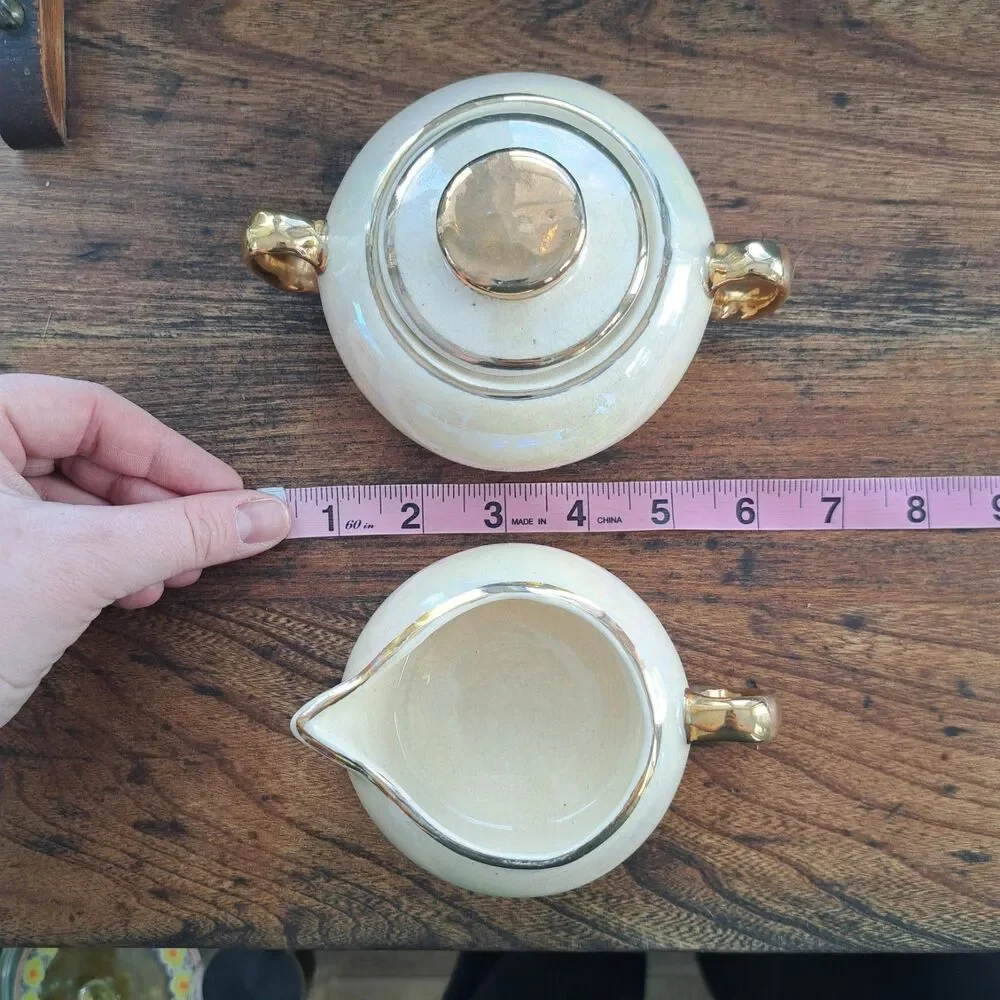 Vintage 60's 2pc Set Chic Pottery Ohio Sugar Creamer Bowl Dish Lusterware Gold
